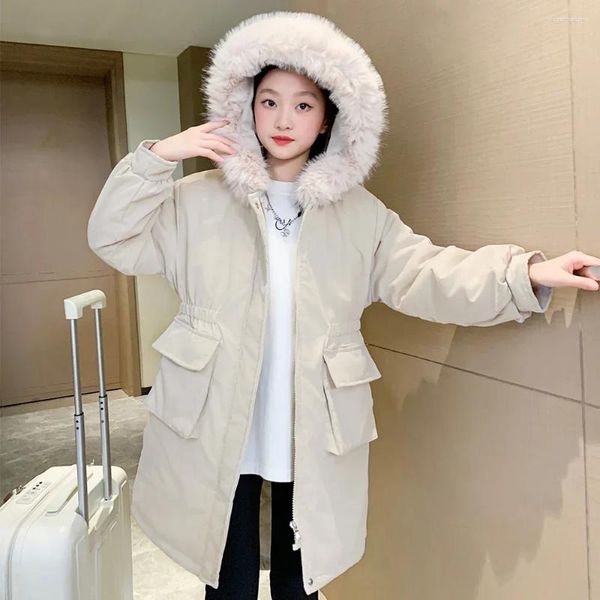 Manteau d'hiver en duvet pour filles de 5 à 12 ans, veste longue à capuche et col en fourrure pour enfants, vêtements d'extérieur en coton, Parka, combinaison de neige