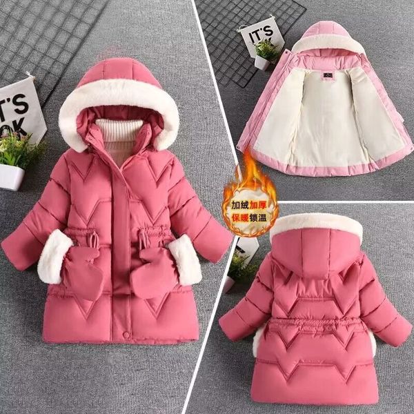 Manteau d'hiver pour filles, veste envoyer des gants, col en fourrure chaude, manteau de princesse, capuche, fermeture éclair, vêtements d'extérieur, Parka rembourrée en coton, combinaison de neige 2-8 ans 231215