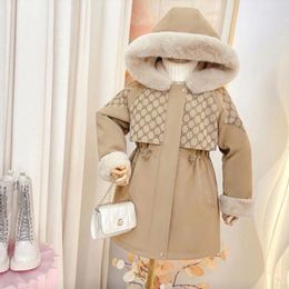 Manteau d'hiver en duvet pour filles, coupe-vent épais, veste à capuche, Parka, vêtements d'extérieur moyens et longs à carreaux pour enfants