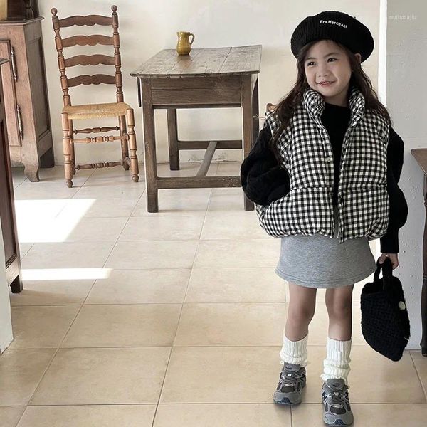 Manteau d'hiver en duvet pour filles, gilet chaud pour bébés, vêtements d'extérieur bouffants pour enfants en bas âge, vêtements à la mode, sans manches, en coton rembourré, à carreaux, 2-7 ans