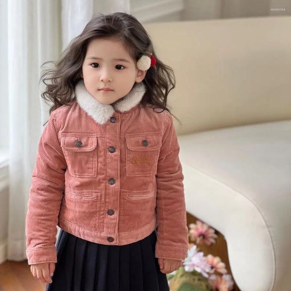 Abrigo de plumón, chaqueta de invierno, ropa para niños, ropa para niña, tela de pana rosa naranja dulce, algodón