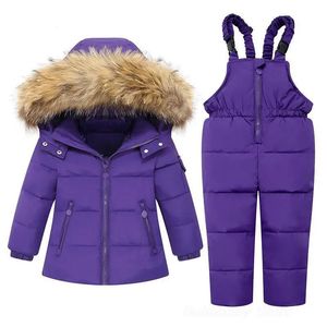 Donsjas Winterjassen voor kinderen Snowsuits Meisje Eend Parka Paarse Jongen Bontkraag Bovenkleding Kinderen Warme Overalls Baby Jumpsuit 231013