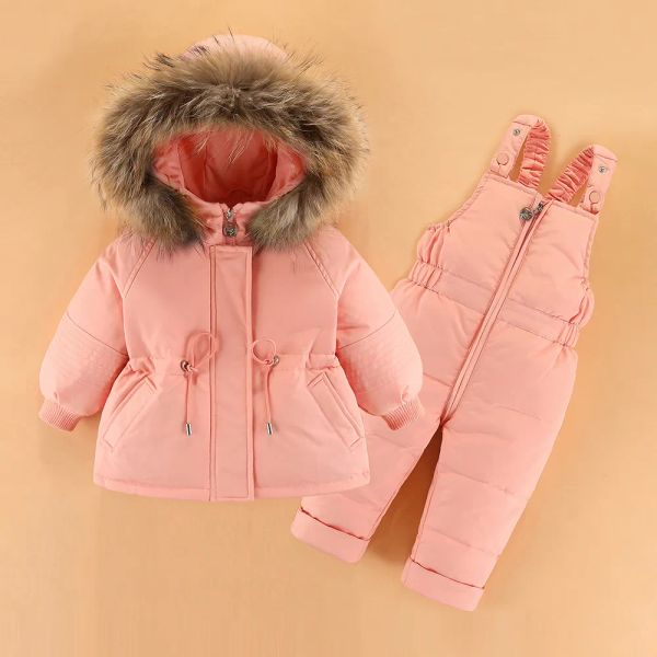 Manteau d'hiver en duvet pour enfants, ensemble de vêtements -30 degrés, veste en duvet, combinaison pour bébé garçon, Parka en vraie fourrure, fille, combinaison de neige épaisse et chaude