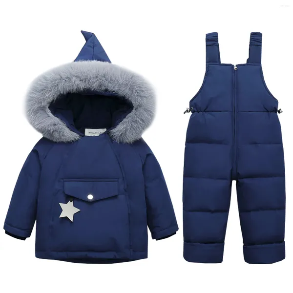 Doudoune chaude d'hiver pour filles, bouffante avec col en fourrure, veste épaisse pour bébés garçons, pantalon à bretelles, costume deux pièces bleu de 3 à 4 ans