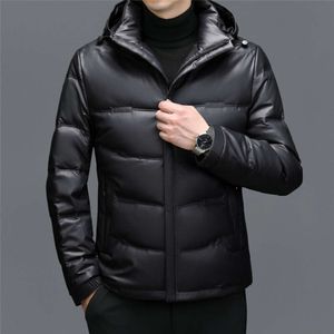 Chaqueta de plumón, chaqueta de cuero genuino, nueva chaqueta informal con capucha para hombre, estilo corto de invierno, plumón de pato, chaqueta gruesa de invierno, de moda