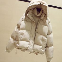 Jaqueta feminina para baixo, casaco curto amassado para mulheres, estilo coreano, solto, quente, algodão acolchoado, 2023, 240102