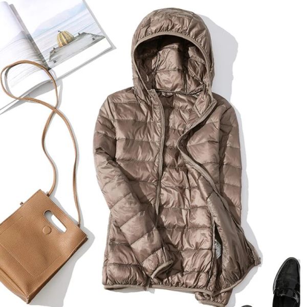 Chaqueta de plumón con capucha para mujer, abrigo de plumón de pato blanco ultradelgado 90% ultraligero, color sólido, cálido y portátil para invierno