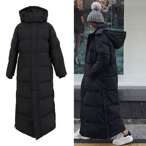 Parka noire Super longue pour femme, veste d'hiver au genou avec manteau noir épais