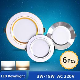 Downlights OK-B 6pcs Downlight 3W 5W 9W 12W 15W 18W Spot AC 220V Goud Zilver Wit Ultra dunne aluminium Ronde Inbouw Led Lighting Downlights