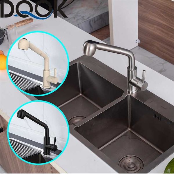 DQOK Robinets De Cuisine En Nickel Brossé Monotrou Pivotant À 360 Degrés Noir Robinet D'évier De Cuisine Mélangeur Robinet En Acier Inoxydable 211108