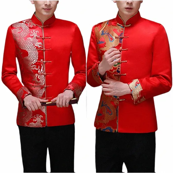 Drag Pattern Jacquard Mens Costume Rouge Veste Col Mandarin Traditionnel Chinois Hommes Satin Veste De Mariage Exquise Fermeture Grenouille N7qj #