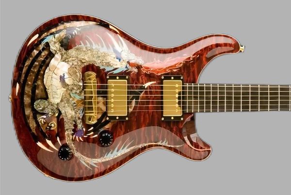 Dragon 2000 #30 Red Flame Maple Top prs guitarra eléctrica sin incrustaciones de diapasón, trémolo de doble bloqueo, encuadernación de cuerpo de madera