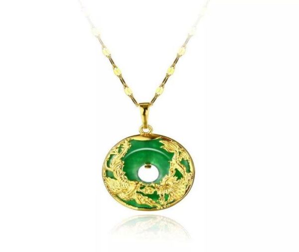 Collier pendentif dragon et phénix pour femmes vert jade malaisien Chine ancienne mascotte plaqué or 24 carats avec chaîne61336614884189