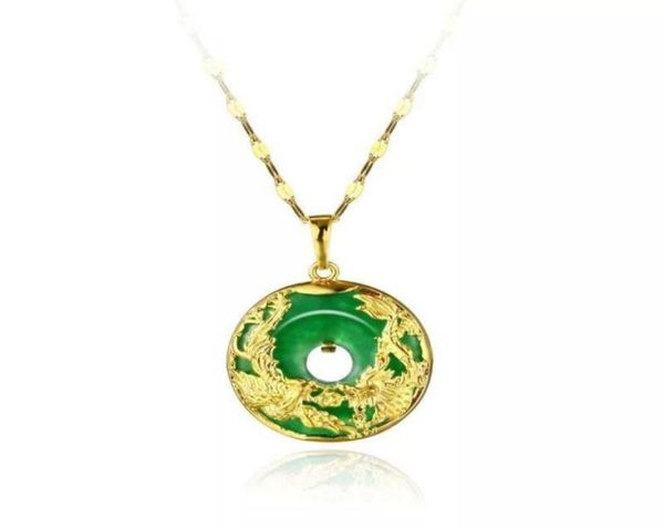 Collier pendentif dragon et phénix pour femmes vert jade malaisien Chine ancienne mascotte plaqué or 24 carats avec chaîne61336616762891