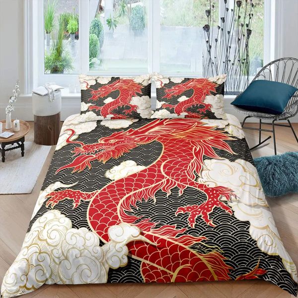 Dragon Couvrette de couette King Queen japonais litière exotique Ensemble de couette animale mythique ancienne couverture de courtepointe en polyester 2 / 3pcs 240329