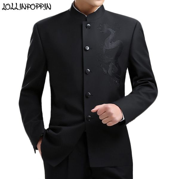 Traje de túnica de estilo chino con bordado de dragón para hombre, chaqueta con cuello levantado mandarín, uniforme de kungfú, abrigo de un solo pecho negro 220225