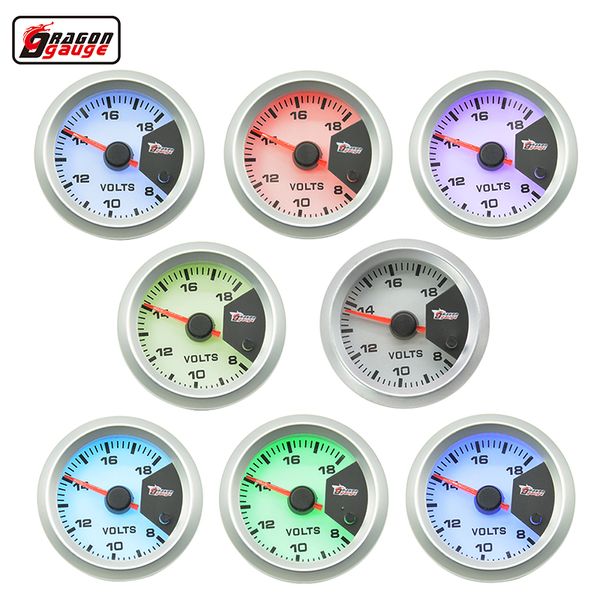 Dragon Gauge 52mm Motor paso a paso Anillo exterior de plata Auto coche motocicleta Voltaje 8-18V 7 colores luces voltios calibre