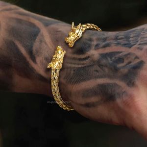 Bracelet tête de dragon, bracelets pour hommes, bracelet de manchette tissé en or jaune 14 carats, bracelet bracelet empilable