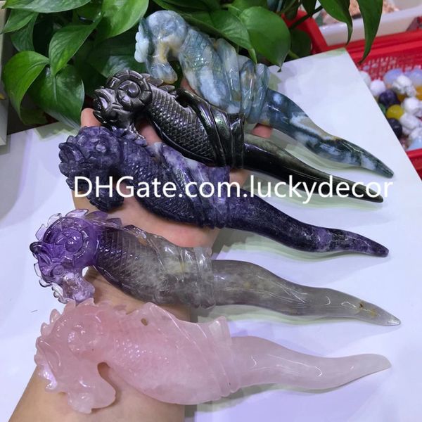 Dragon Head Seahorse Wand Arts Amethyst Moss Agate Lepidolite Magic Crystal Scepter Multicolor Cosplay Wizard Staff Reiki Healing Tool Obelisk Baton Witch Wand