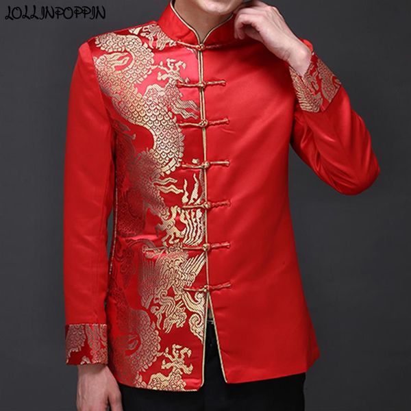 Dragon Motif Jacquard Hommes Rouge Costume Veste Col Mandarin Traditionnel Chinois Hommes Satin De Mariage Veste Grenouille Closure3227