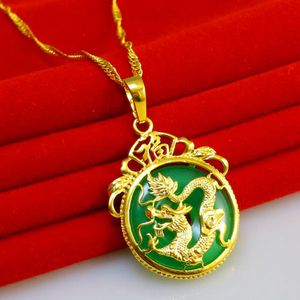 Dragon Patroon Jade Hanger Ketting 18k Geel Goud Gevuld Vrouwen Cirkel Hanger Ketting Cadeau Met Box214f