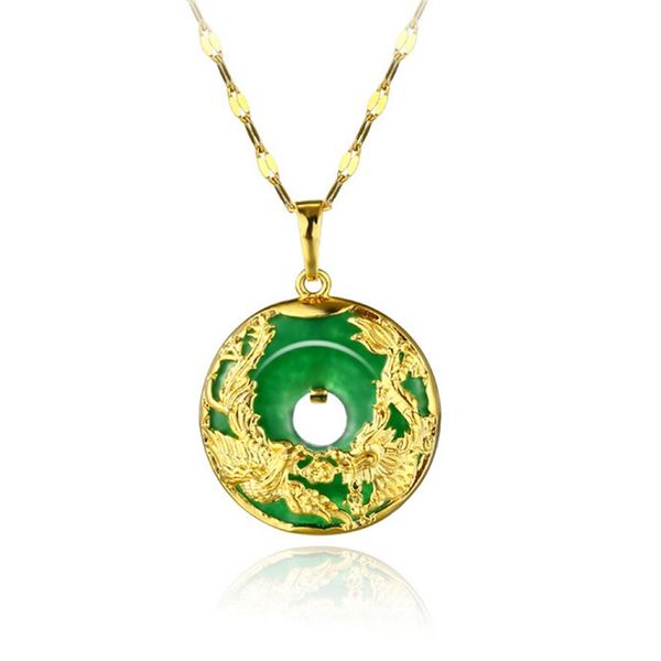 Chaîne à pendentif en Jade pour hommes et femmes, motif Dragon phénix, exquise, or jaune 18 carats, bijoux à la mode, présent 233B