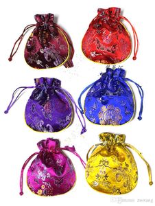 Dragon Phoenix Small Silk Brocade Pouch Trekkoord Gift Verpakking Sieraden Parfum Opslag Pouch Snoep Thee Specerijen Sachet Gunst Tas 10pcs / lot