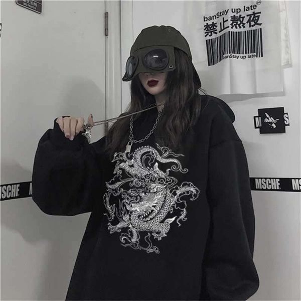 Dragon Print style chinois Harajuku Retro Swag hoodie Top Surdimensionné streetwear Unisexe kpop y2k Casual hoodies couple vêtements 210927