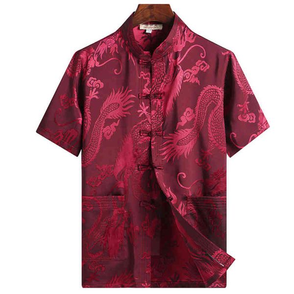 Dragon Print Shirt Hommes Style chinois Chemises décontractées Hommes Kung Fu Uniforme T-shirt Col Mandarin Manches courtes Tang Costume Camisas 210524