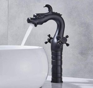 Grifo para lavabo de baño con forma de dragón, grifo mezclador de doble manija, Material de latón de Color negro, grifos de bronce frotados con aceite 3355201