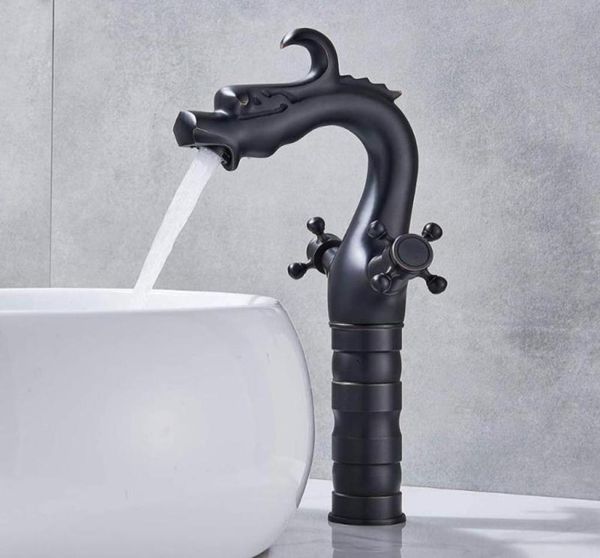 Robinet de lavabo de salle de bains en forme de Dragon, mitigeur à double poignée, couleur noire, matériau en laiton, robinets en Bronze huilé 3637423