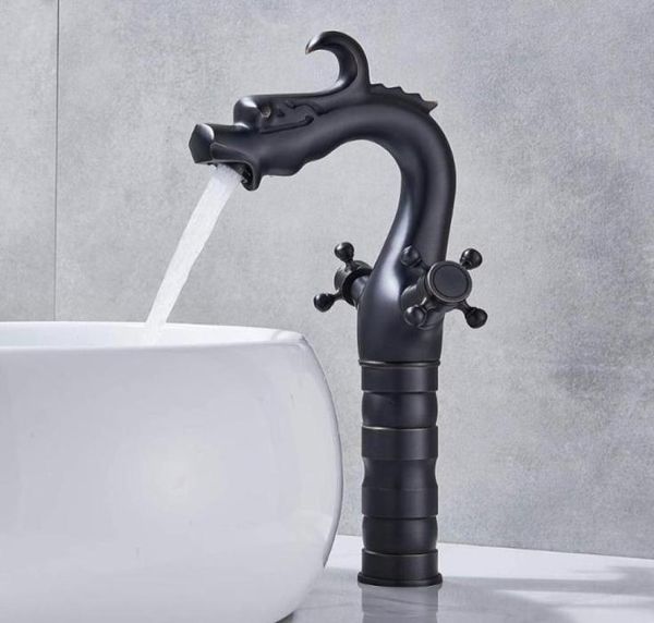 Robinet de lavabo de salle de bains en forme de Dragon, mitigeur à double poignée, couleur noire, matériau en laiton, robinets en Bronze huilé 3355201