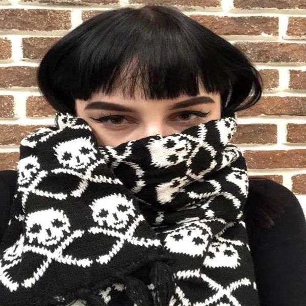 Bufanda con calavera de dragón unisex para mujer y hombre, chal de Pashmina tejido de invierno, Echarpe acrílico negro, abrigo de esqueleto femenino de lujo con flecos 4285897