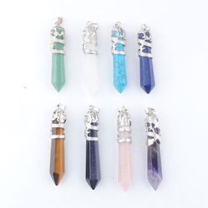 Dragon Tribe Natural Stone Pendant Zhexagonal Crystal Totem Quartz Aventurine Amethist Blue Sand Lapis Lazuli Prism Ethnic Hanging 299Z