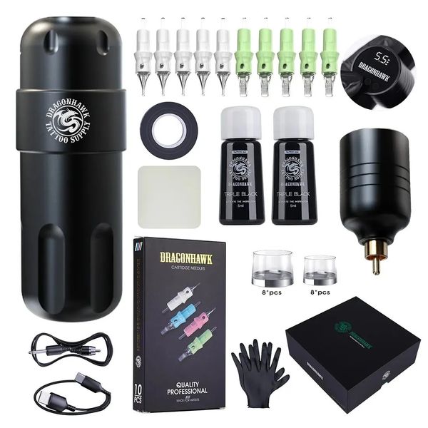 Dragonhawk Kit de máquina de tatuaje Pluma completa Máquina inalámbrica Kit de tatuaje Tipo-C Carga rápida Batería Conjunto de tinta Suministros de tatuaje 231229