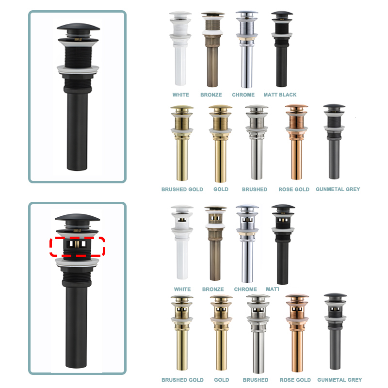 Drains Brass Basin Sink Pop Up Drain Brass Drain Plug Gold Black Grey White Bathroom Sink Pop Up Drain With and Without Overflow Hole 230505