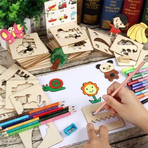 Drawing Painting Supplies 100Pcs Kids Wooden Stencils Kit Board Toys Coloring Puzzle Arts Crafts Set Box Educational for Children 230111