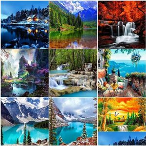 Dessin Peinture Fournitures Carré 5D DIY Diamant Cascade Nature Fl Rond Foret Broderie Paysage Mosaïque Image De Strass Hom Dhhpn