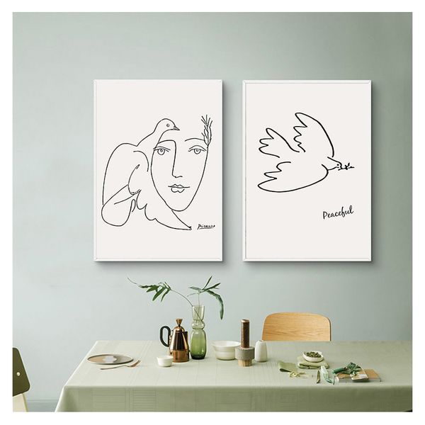 Dessin mur d'art peinture des affiches nordiques et imprimés images murales pour décoration de salon Picasso Matisse Girl Bird Line