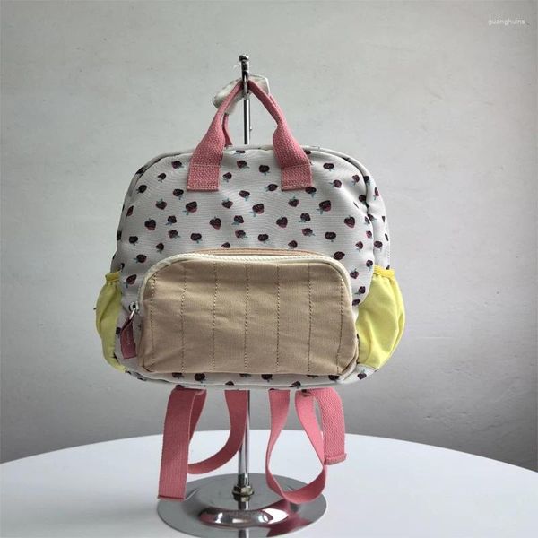 Bolso de mujer con cordón 2024, mochila informal de lona con estampado de fresa, Color a juego, versátil, de gran capacidad para estudiantes