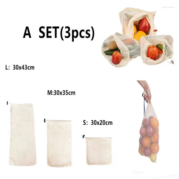 Cordon 3pcs / ensemble réutilisable en maille en coton produit sacs de légumes de fruits Organisez un sac lavable à épicerie durable fourre-tout