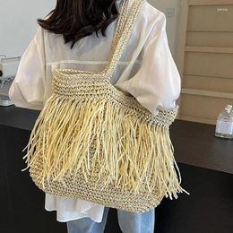 Drawstring Boheemian Tassel Hollow Tote Bag Designer Straw Woven Women Handtassen Zomer Beachtassen Casual Bali Schouder
