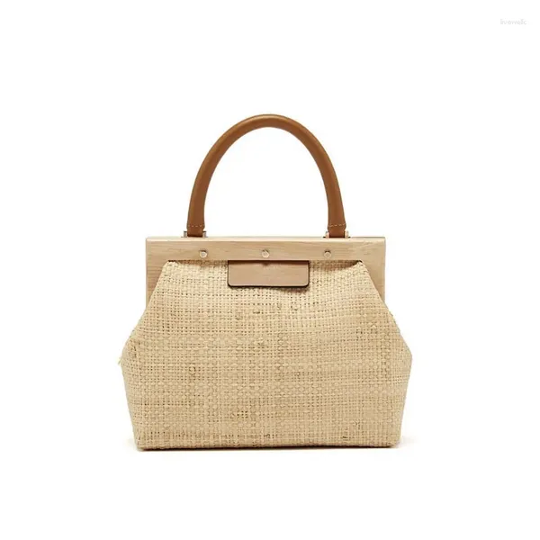 Bolsos de mano de paja de lona con cordón para mujer, bolso de cuero con asa, marco de madera para monedero, bolsos de noche para fiesta en la playa y verano