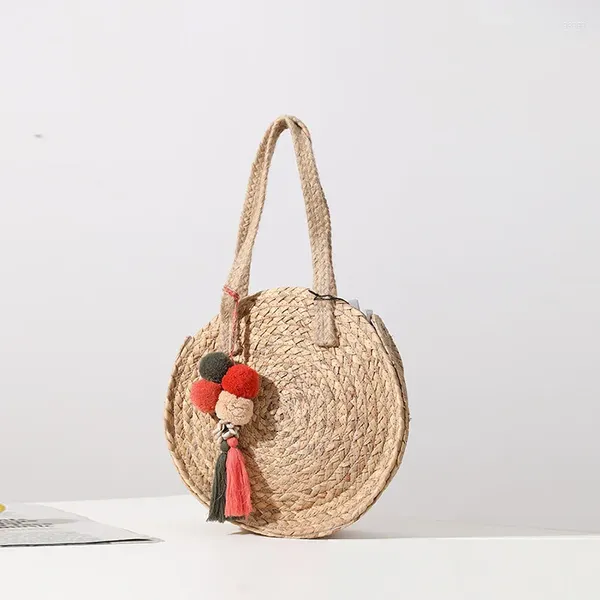 Cordon de coiffure mignonne baulle paille-tissu sac à grande capacité niche ronde conception de la plage portative à une épaule féminine