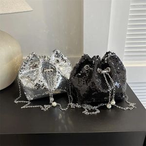 Sac à paillettes de personnalité à cordon de serrage pour femme, sacoche à épaule Texture seau, 2 couleurs noir/argent