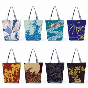 Schoudertas met bloemenprint met trekkoord Dames Casual boodschappentas Blauw Reizen met hoge capaciteit Strandpakket Handtassen in Japanse stijl voor dames