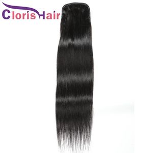 Cola de caballo de cabello humano con cordón Cola de caballo de cabello virgen malasio recto con clips para mujeres Extensiones de cabello de cola de caballo ajustables baratas