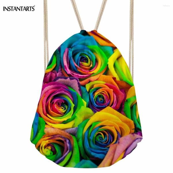 DrawString instantarts couleur 3d fleur rose imprimé femmes sacs à dos mode cordons de mode pour adolescents filles softback rangement punch poche