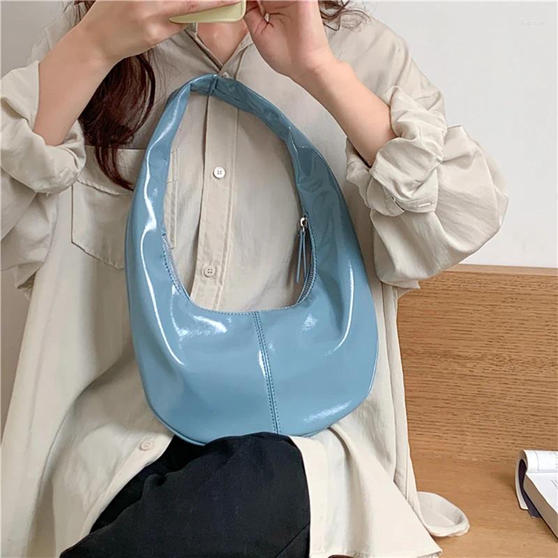 Drawstring Korean Version Bright Surface Underarm Bag Fashion Fresh Solid PU Patent Leather Handbag Women's High-grade Sense Shoulder