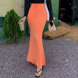 Cordon Orange jupe femmes Vintage coréen taille haute Maxi vadrouille sirène jupes Sexy serré moulante élégant tricoté